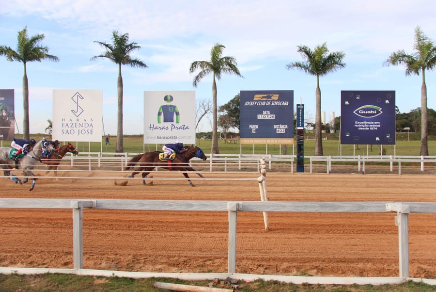 Vista ampla da reta de areia com palmeiras, cerca branca e placas do Jockey Club de Sorocaba